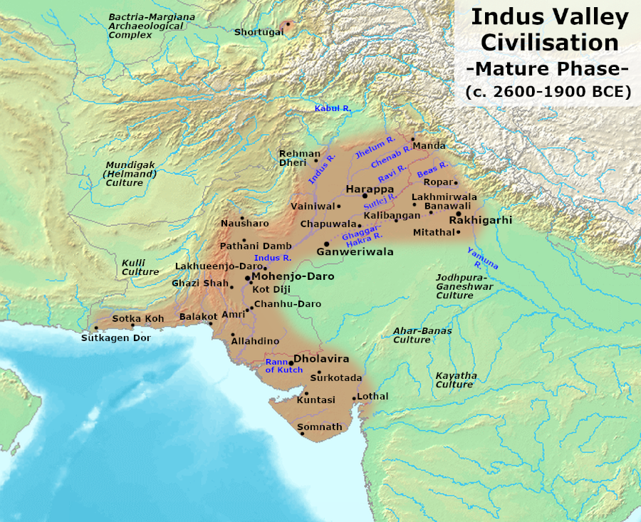A map of the mature Indus Valley civilization showing dozens of named sites clustered along river courses across present-day Pakistan and northwest India