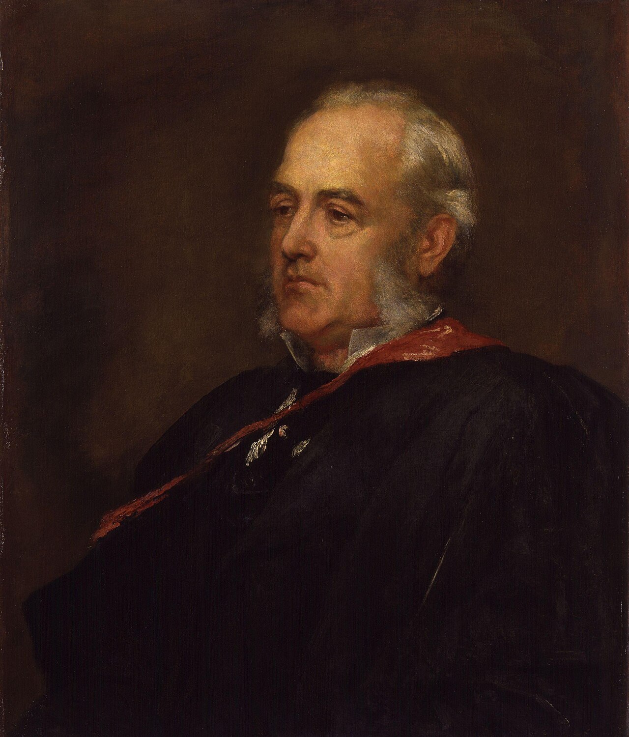 An oil portrait of an elderly white-haired man in dark academic robes with a red hood, looking to the side, Friedrich Max Müller