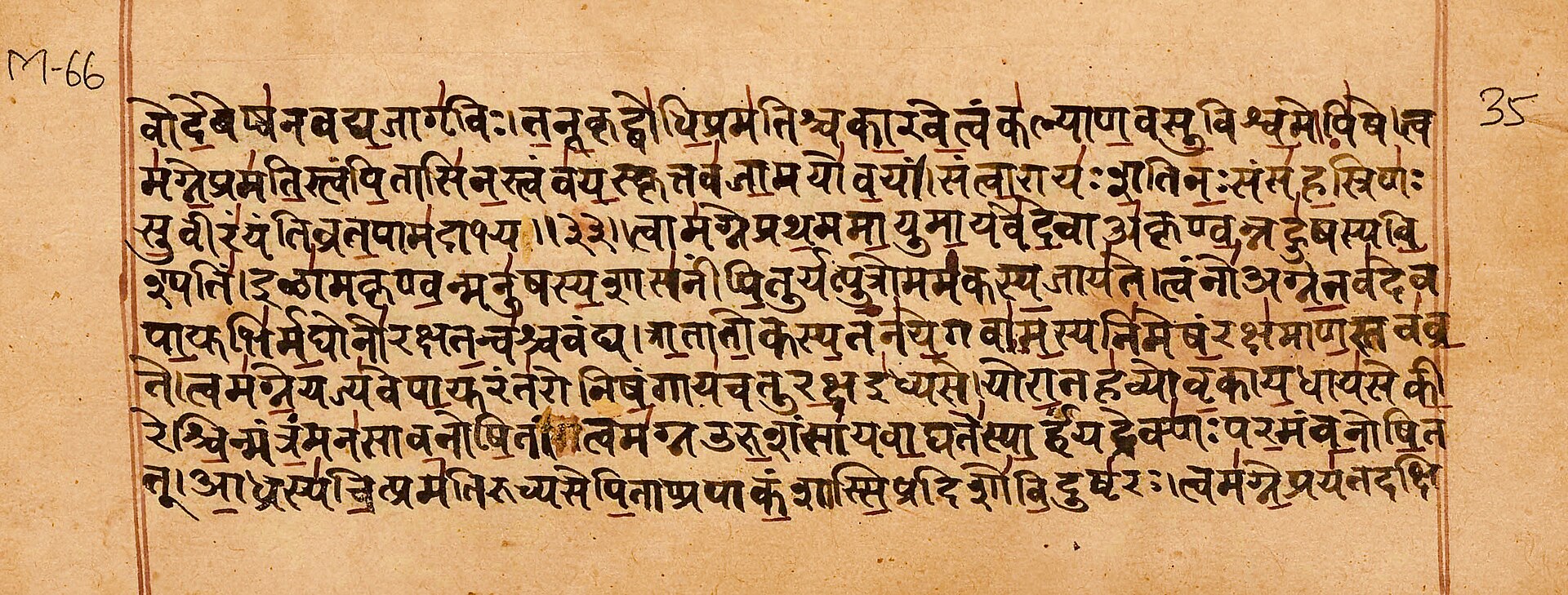A page of a Rig Veda manuscript written in black Devanagari script with red accents on aged paper