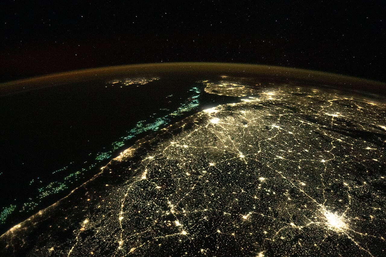 A night-time view from the International Space Station of fishing-boat lights scattered in clusters across the Arabian Sea off the west coast of India
