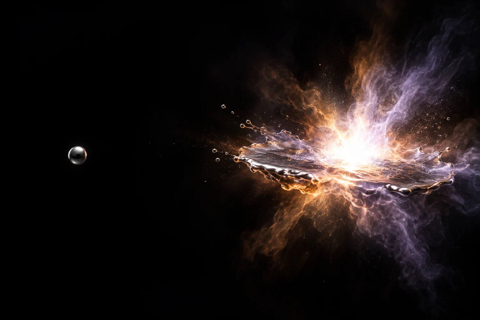 A silver tin droplet beside an illustrated burst of plasma