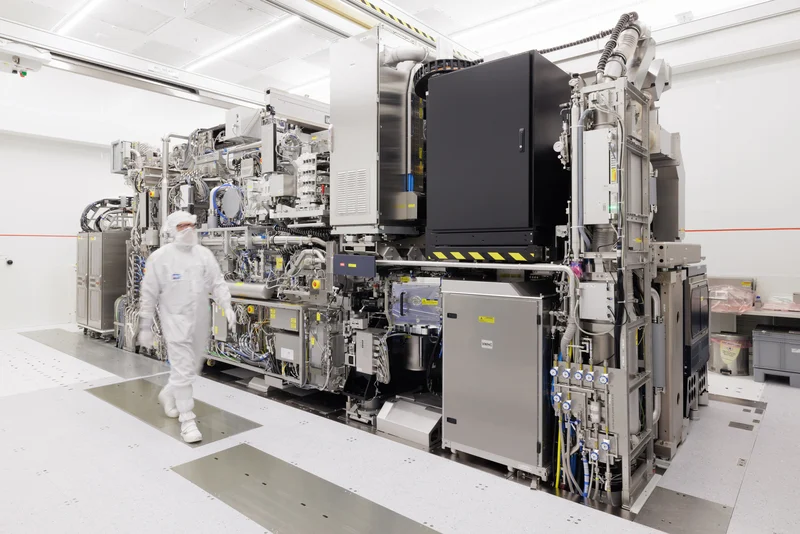 An engineer beside an open ASML NXE:3800E scanner in a cleanroom