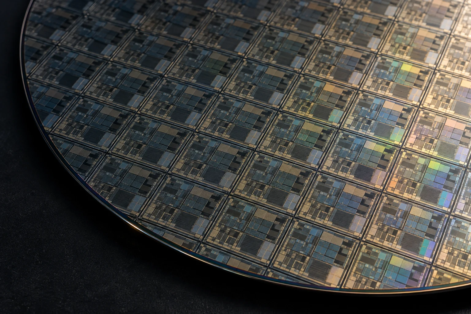 An illustrated silicon wafer with a repeated grid of chip dies and muted iridescent reflections