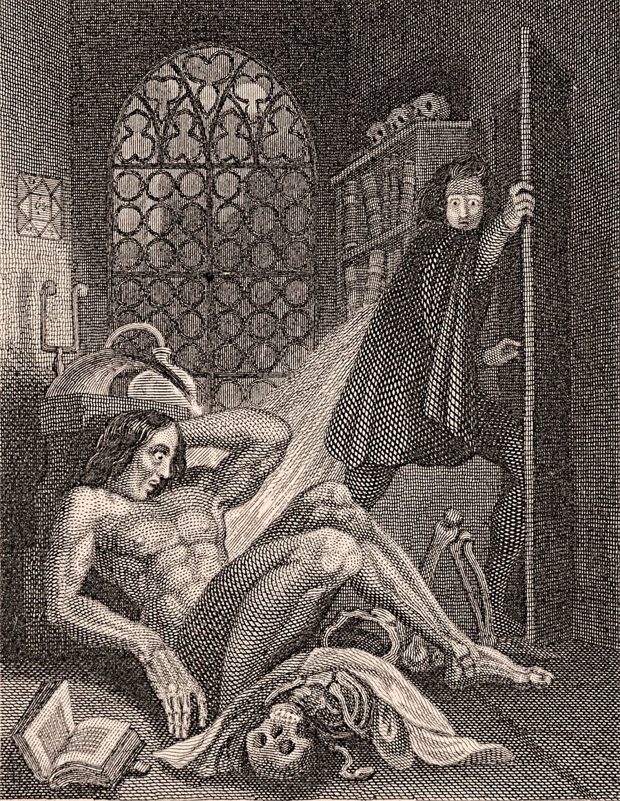 The 1831 Frankenstein frontispiece: the creature rises while Victor retreats through a doorway.