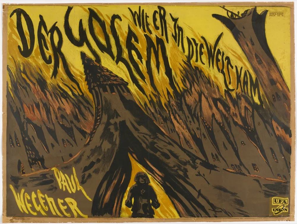Hans Poelzig’s yellow and dark green poster for The Golem, with angular buildings and a small figure beneath them.