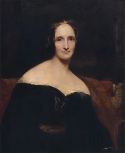 Richard Rothwell’s portrait of Mary Shelley in a dark dress.