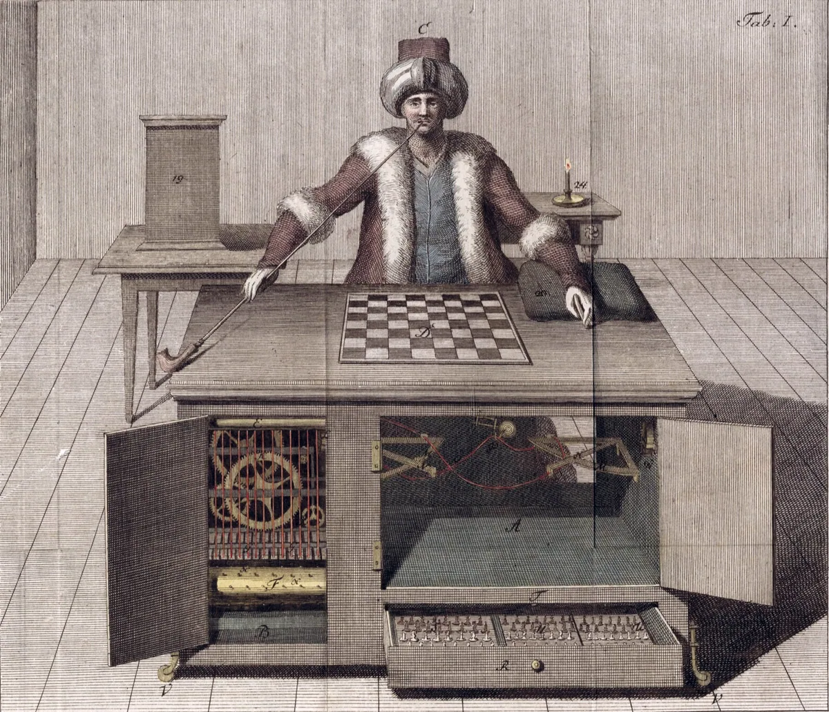 An eighteenth-century engraving of a turbaned chess-playing figure seated behind a cabinet with open doors.