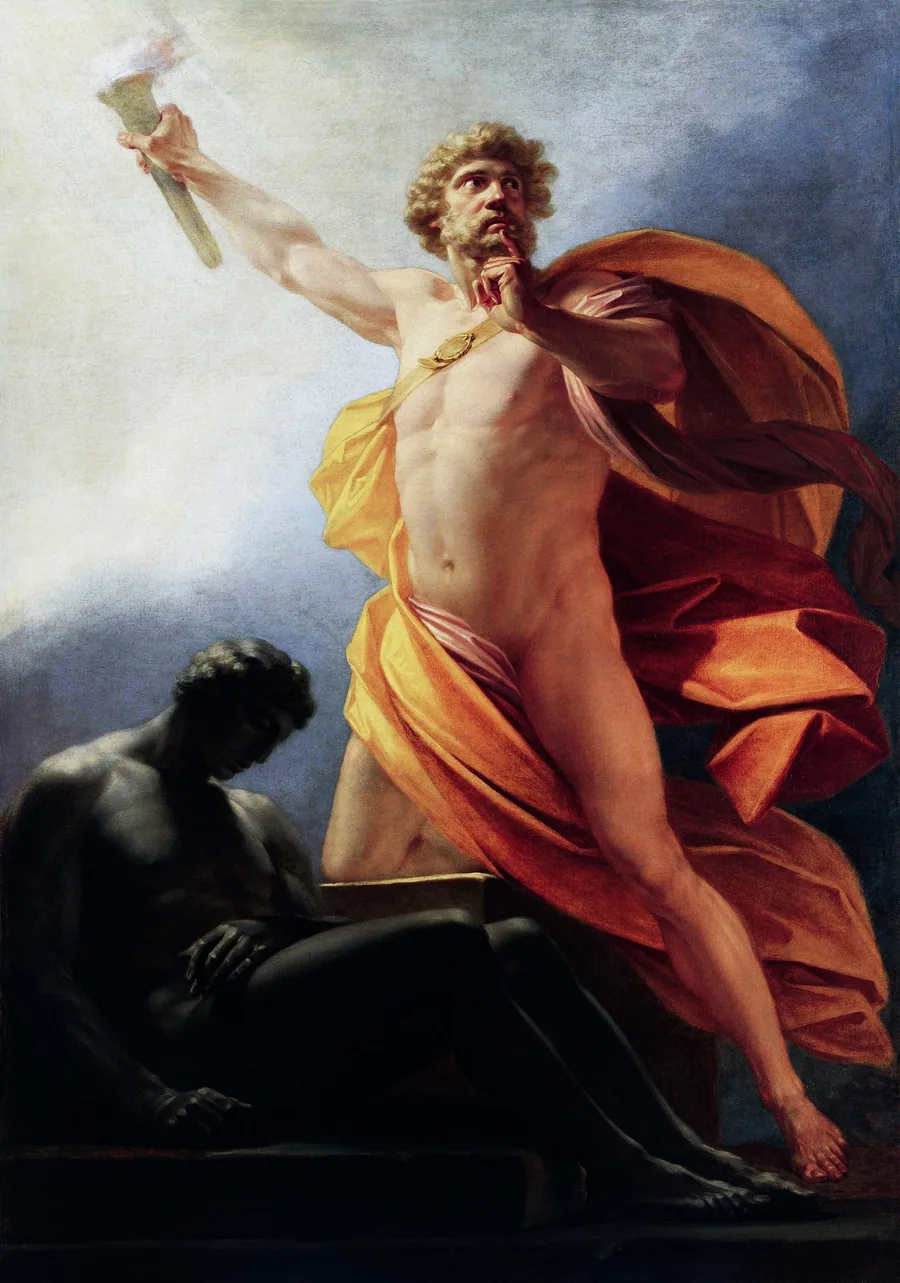 Prometheus lifts a torch beside a seated human figure, in a painting by Heinrich Füger.