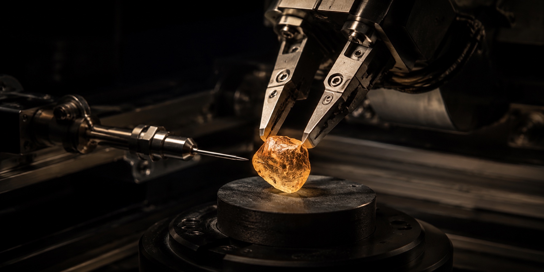 A robotic gripper holds an amber material sample as a fine probe approaches, a concept illustration