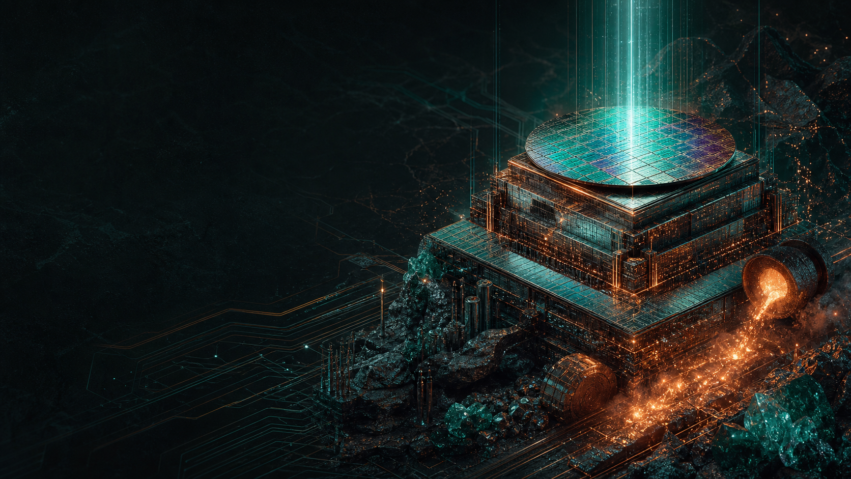 A glowing silicon wafer city rising like a supply-chain ziggurat over dark circuitry