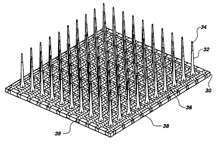 A Utah microelectrode array: a tiny silicon square bristling with a grid of one hundred fine needle electrodes, shown next to a coin for scale.