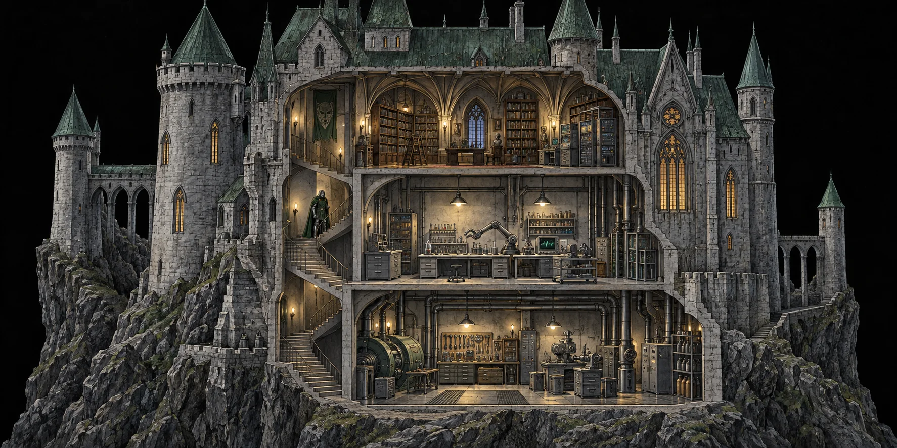 An illustrated cutaway of Castle Doom: a library above a robot laboratory, with a machine workshop underneath. A small figure in a green cloak stands on the stairs.