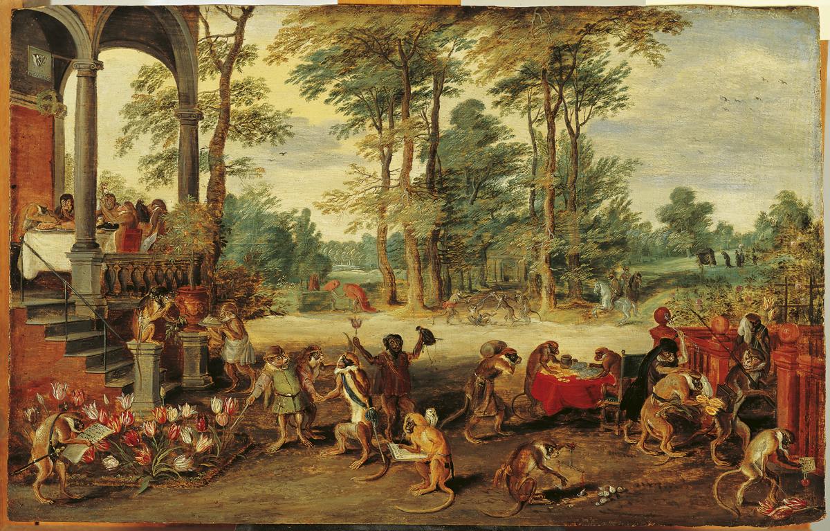 Jan Brueghel the Younger's painting of monkeys dressed as Dutch merchants trading tulips, a satire on tulip mania.