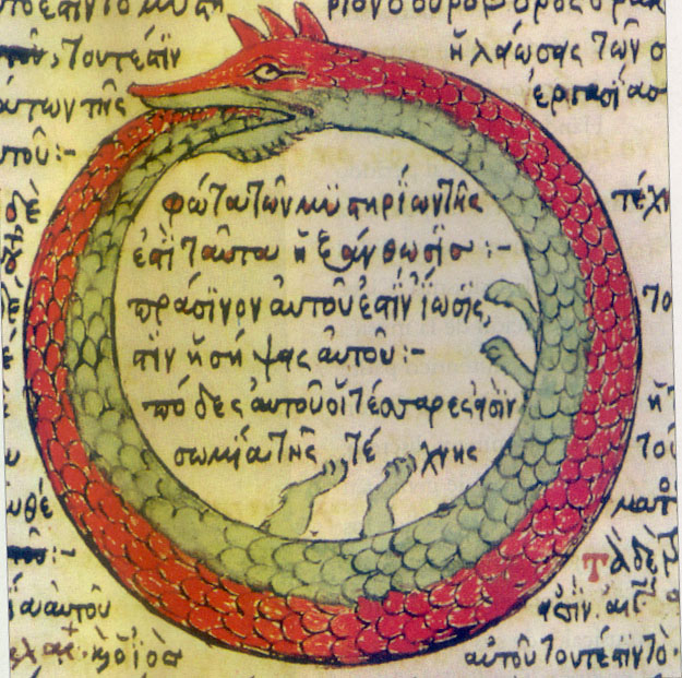 A 1478 alchemical drawing of the ouroboros, a serpent curled into a circle biting its own tail, with the Greek words hen to pan inscribed inside.