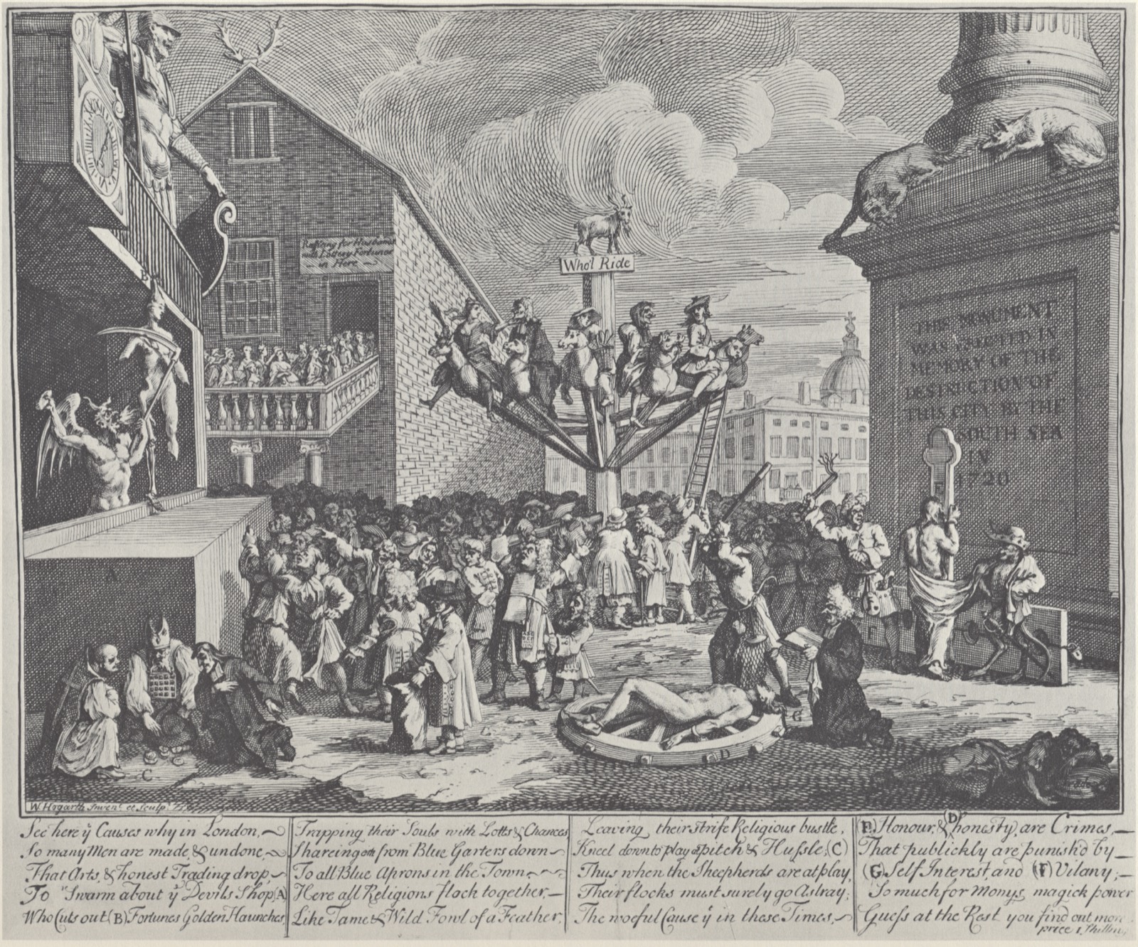 William Hogarth's 1721 engraving The South Sea Scheme, a crowded satirical scene of the South Sea Bubble with investors riding a carousel and Honesty being broken on a wheel.
