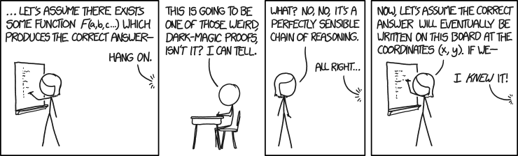 An xkcd comic strip titled Proofs, depicting a mathematical argument that grows steadily more hand-wavy and confident as it goes.