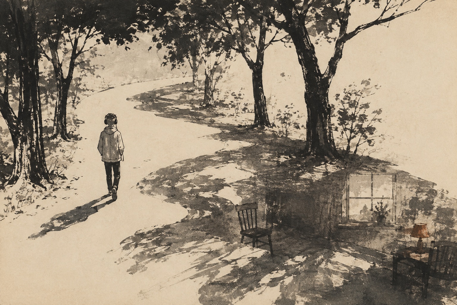 Ink illustration of a person walking beneath trees, with a chair and window suggested in the shadows.