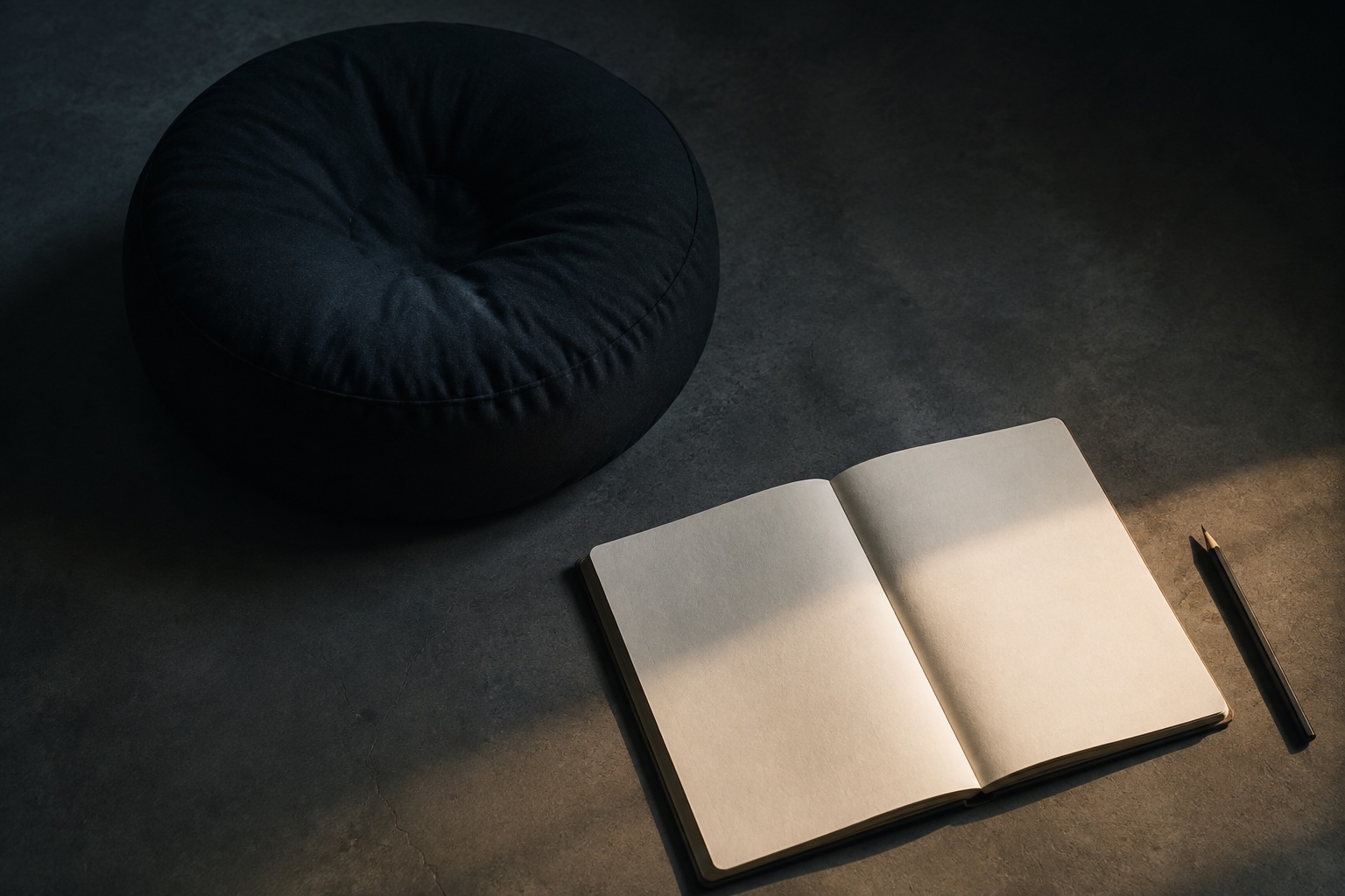 A black meditation cushion beside an open blank notebook and pencil crossed by warm light.