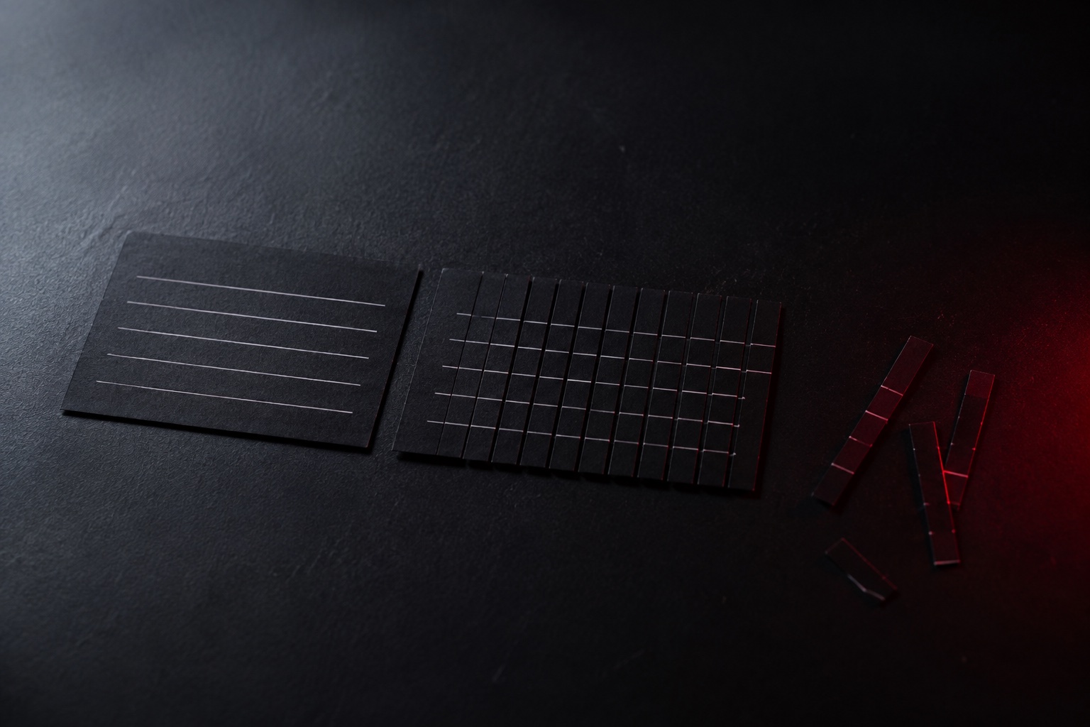 Two black index cards, one intact and one cut into strips, with loose fragments under red light.