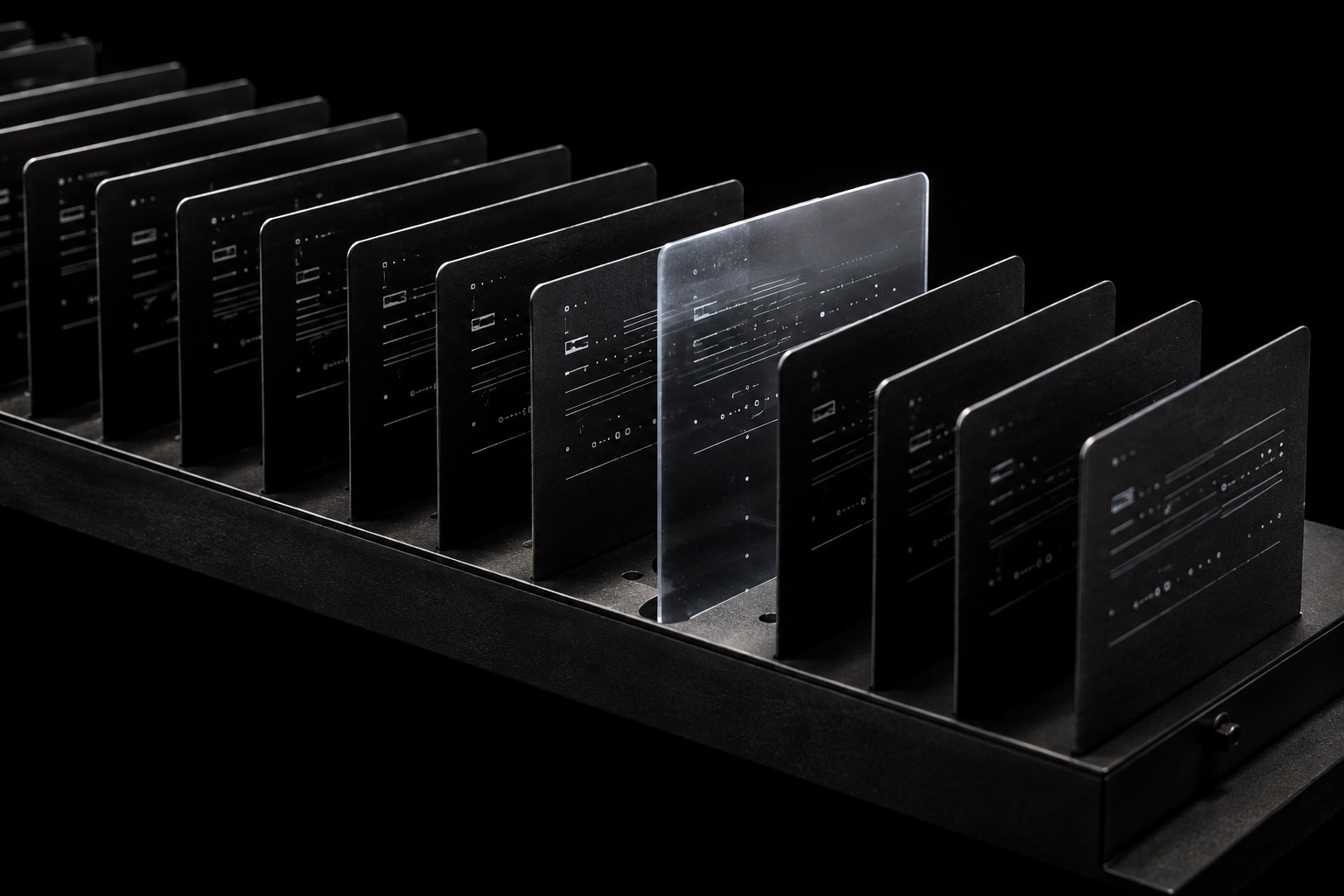 A row of black archival index cards with abstract pale markings, with one translucent card lit against the dark.