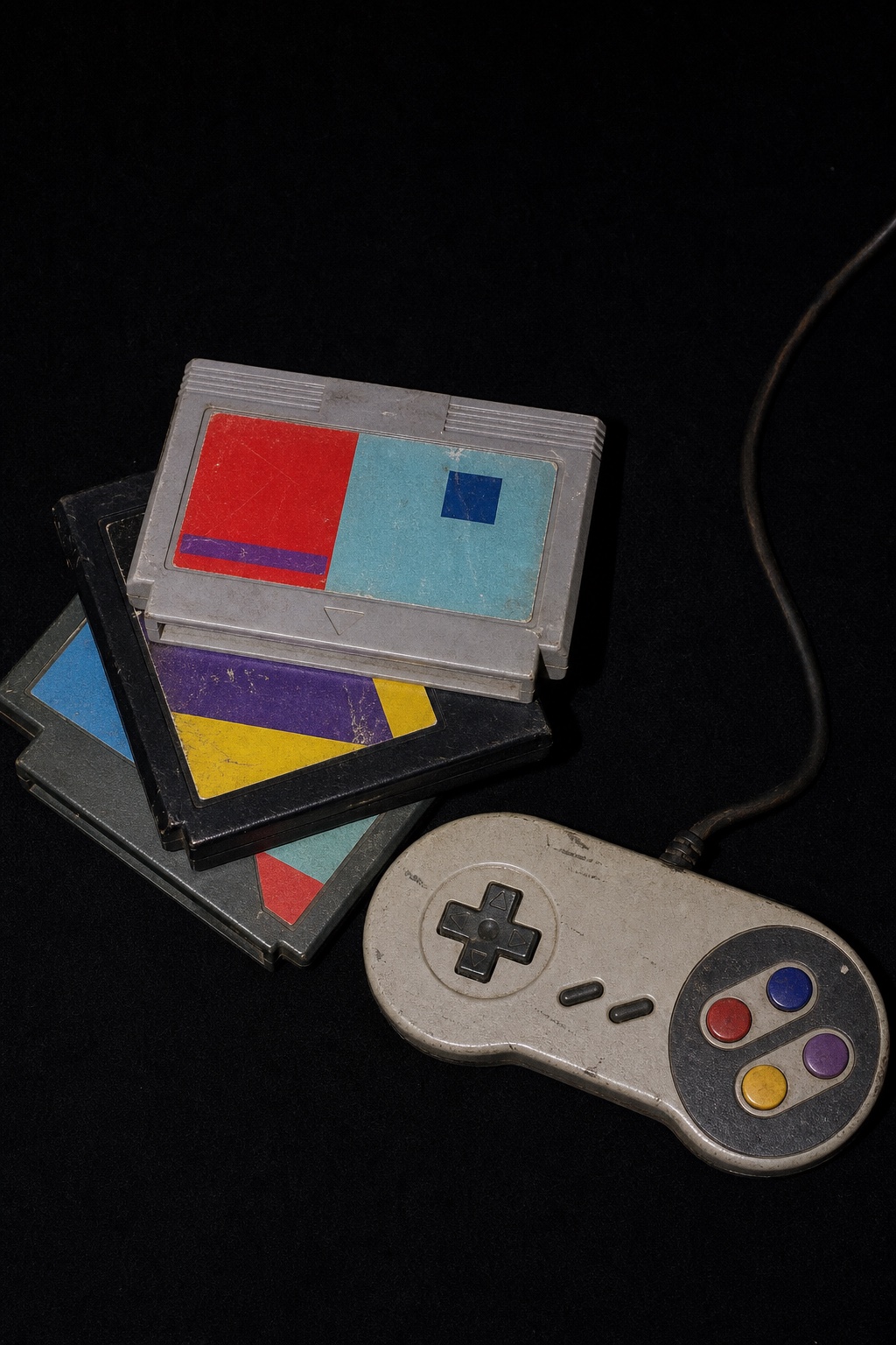 A worn controller beside a stack of unbranded game cartridges with abstract labels.
