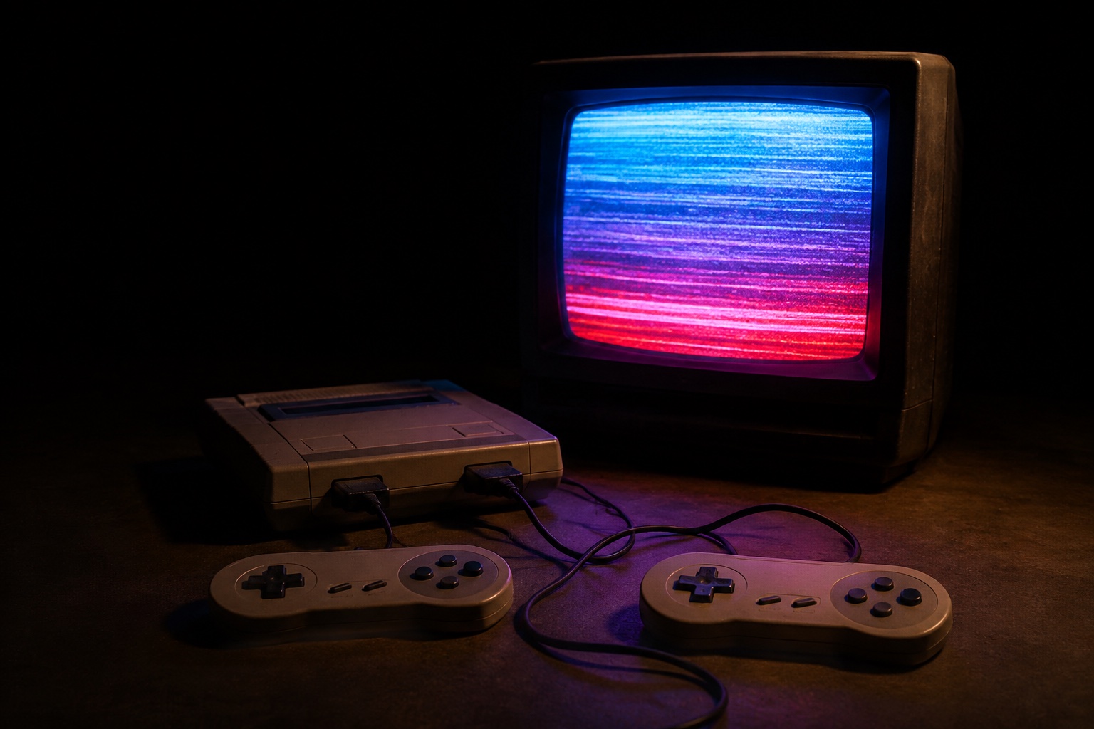 An unbranded retro game console with two controllers in front of a CRT glowing blue and red.