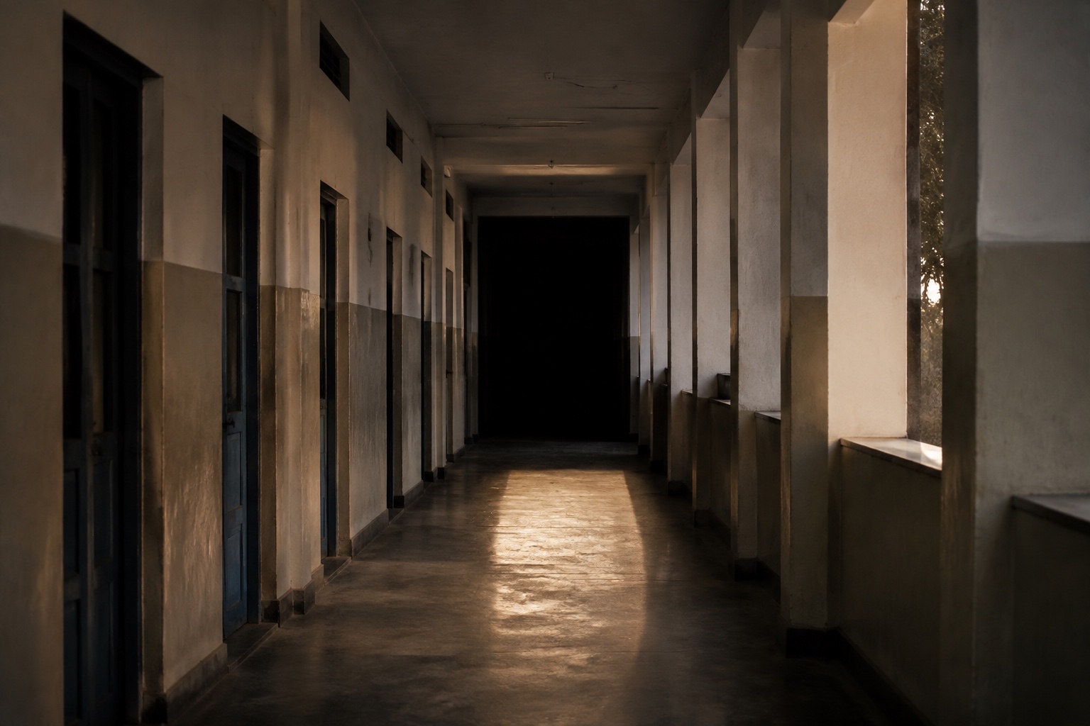 An imagined empty Indian secondary-school corridor with one rectangle of late-afternoon sunlight.
