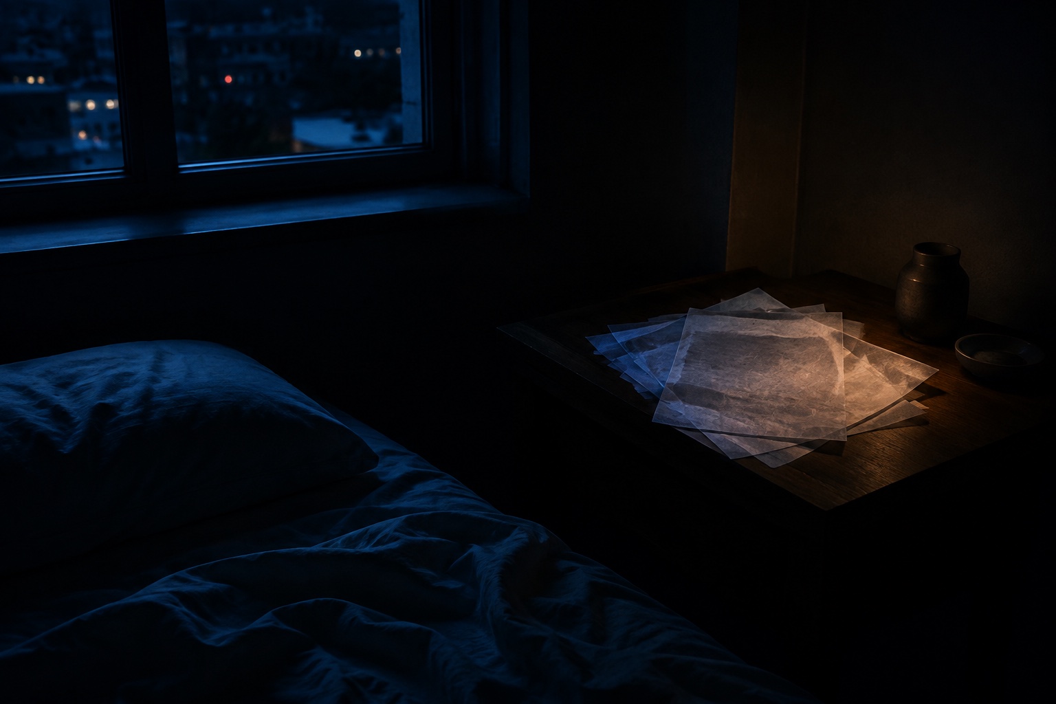 A dark bedroom at night with rumpled bedding, distant city lights and translucent papers on a bedside table.