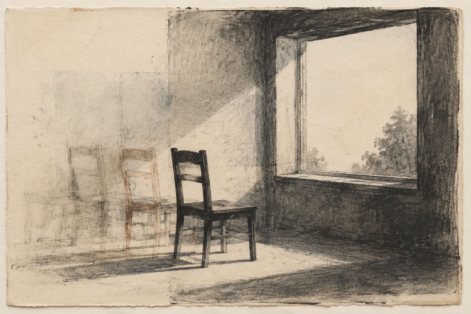 Charcoal illustration of an empty chair by a window, with faded overlapping impressions of the same chair.