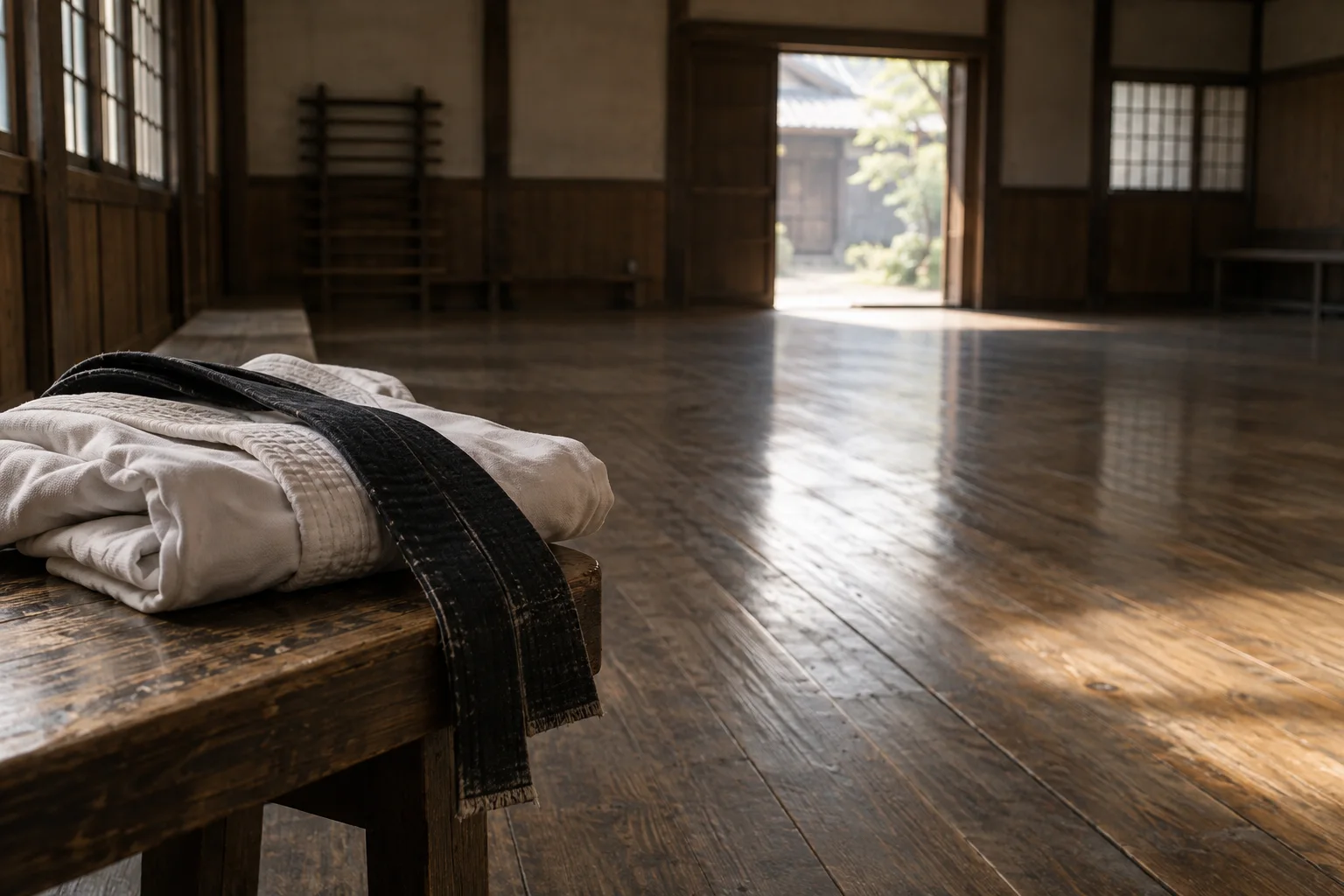 A folded white karate uniform and black belt on a bench beside an empty training floor
