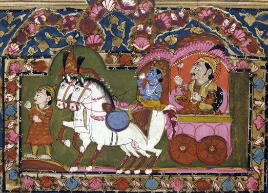 Historical Indian artwork showing Krishna and Arjuna riding a horse-drawn chariot