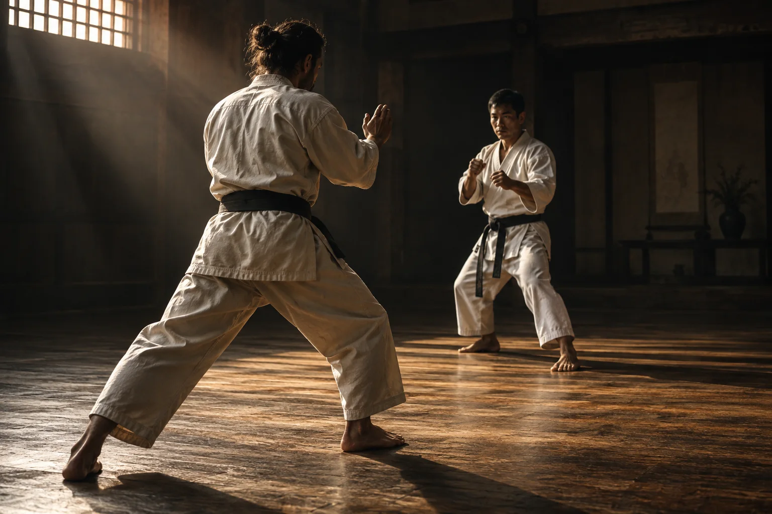 Two karate practitioners hold a measured distance in a sparring drill in a dark, sunlit training hall
