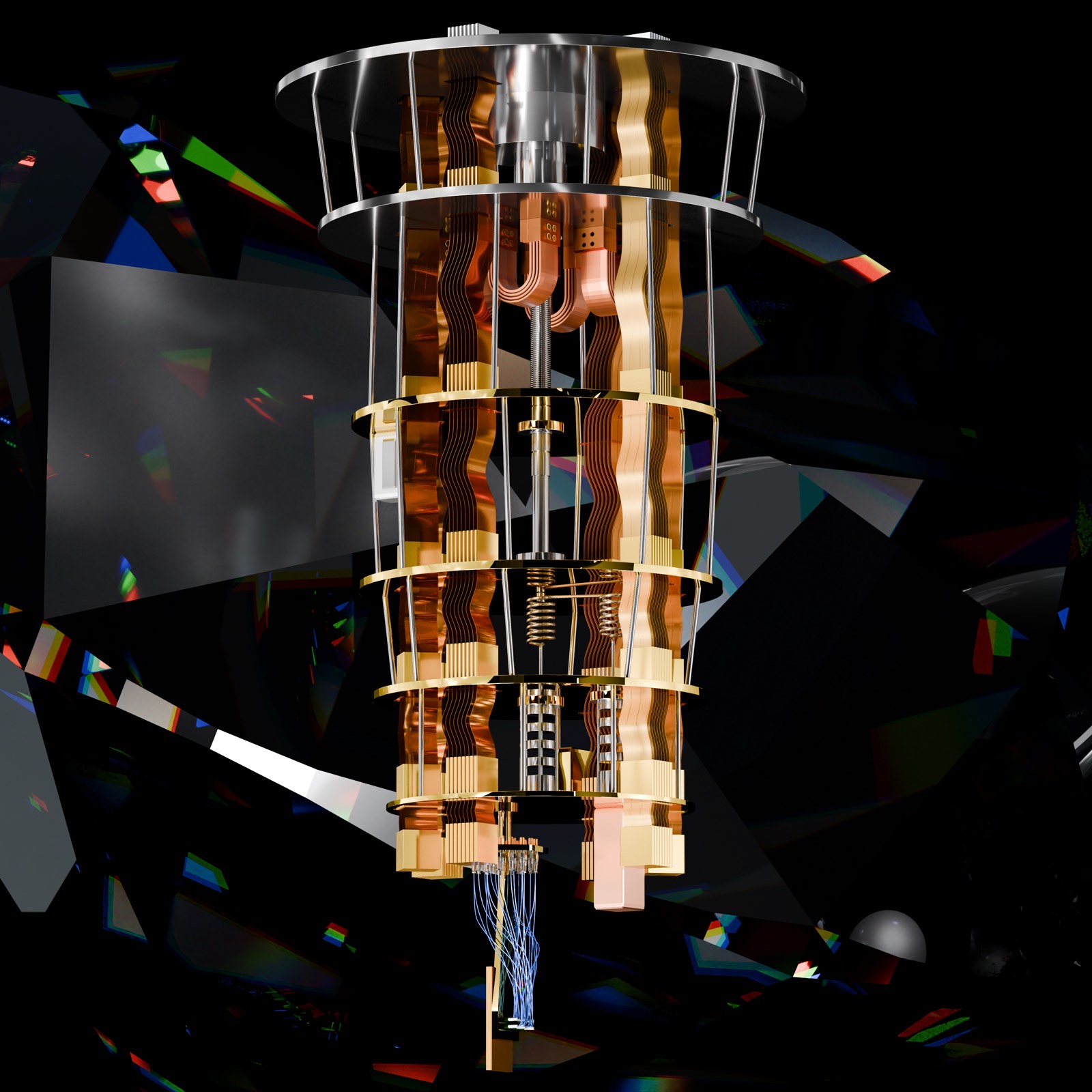 A quantum computer's gold-plated dilution refrigerator, a chandelier of coiled tubes and stages, against a dark background.