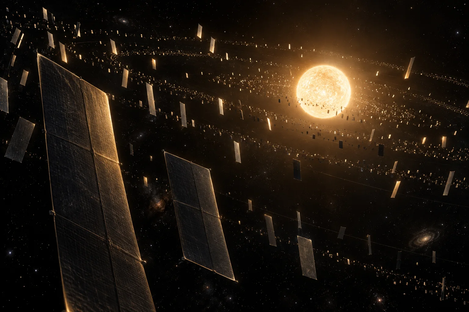 Separate collector sails orbit a bright star in loose bands, forming an imagined partial Dyson swarm