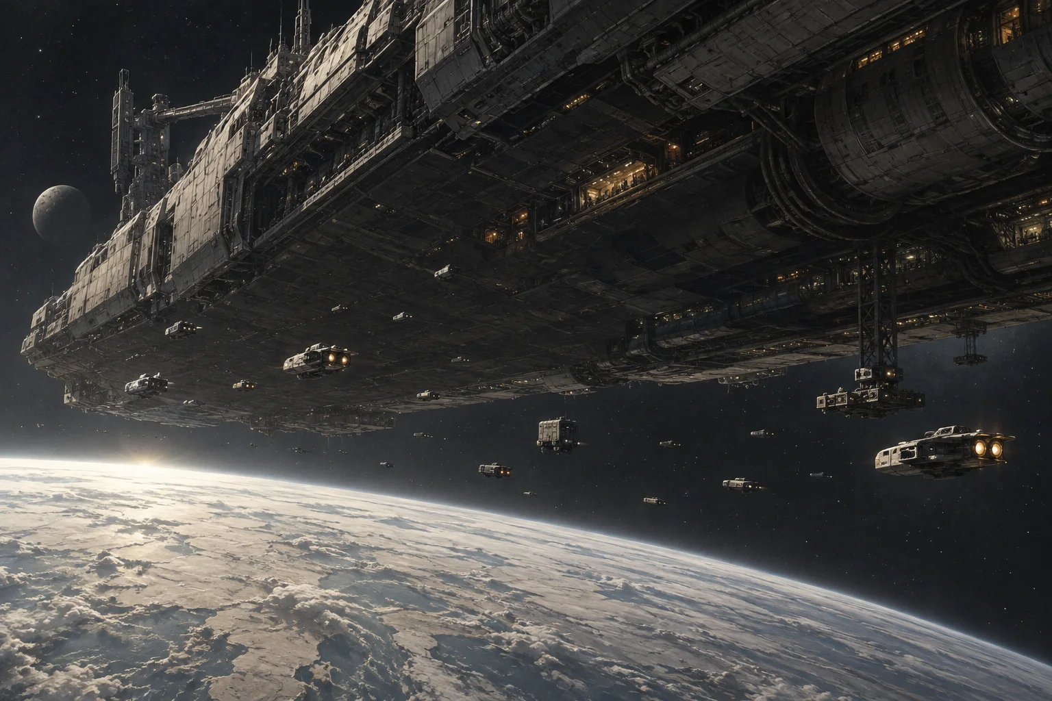 An enormous industrial spacecraft passes over a planet, dwarfing smaller service craft