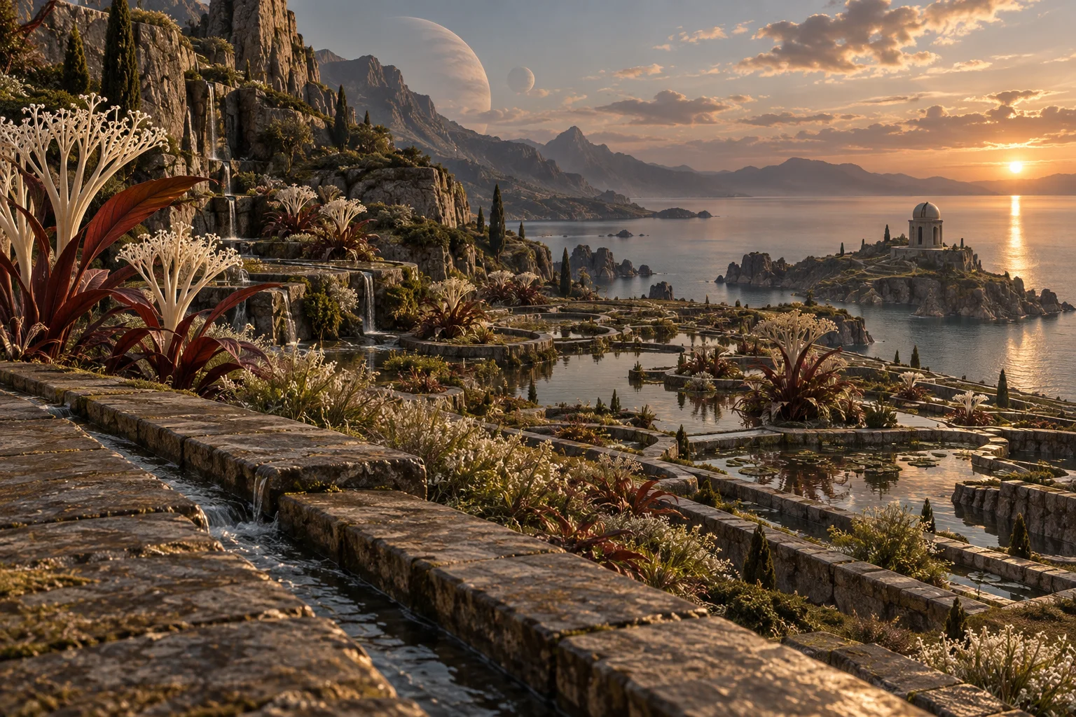 An imagined alien habitat of planted terraces and shallow pools descending toward a still sea