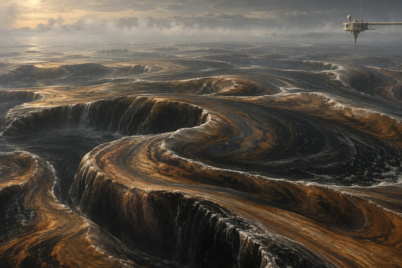 A vast folded copper-coloured alien ocean beneath a tiny human observation platform