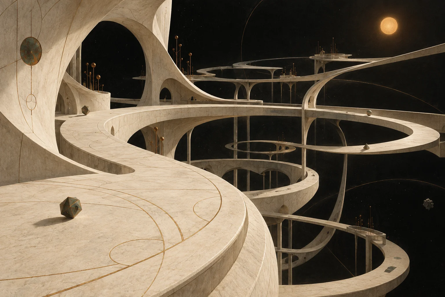 An imagined habitat of curved ivory terraces and looping paths suspended in darkness, with small geometric inhabitants