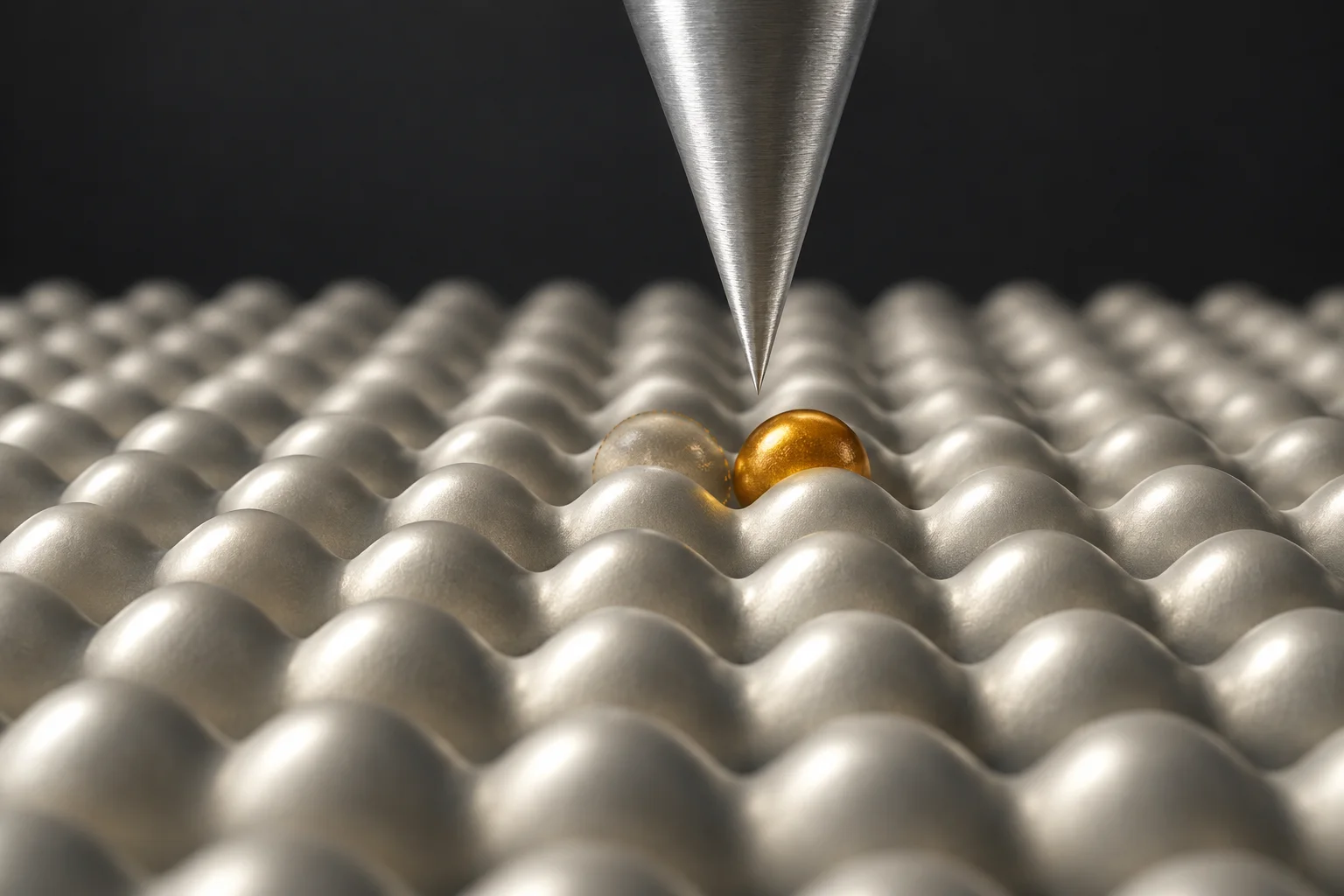 Schematic metallic microscope tip above a single amber atom on a crystalline surface