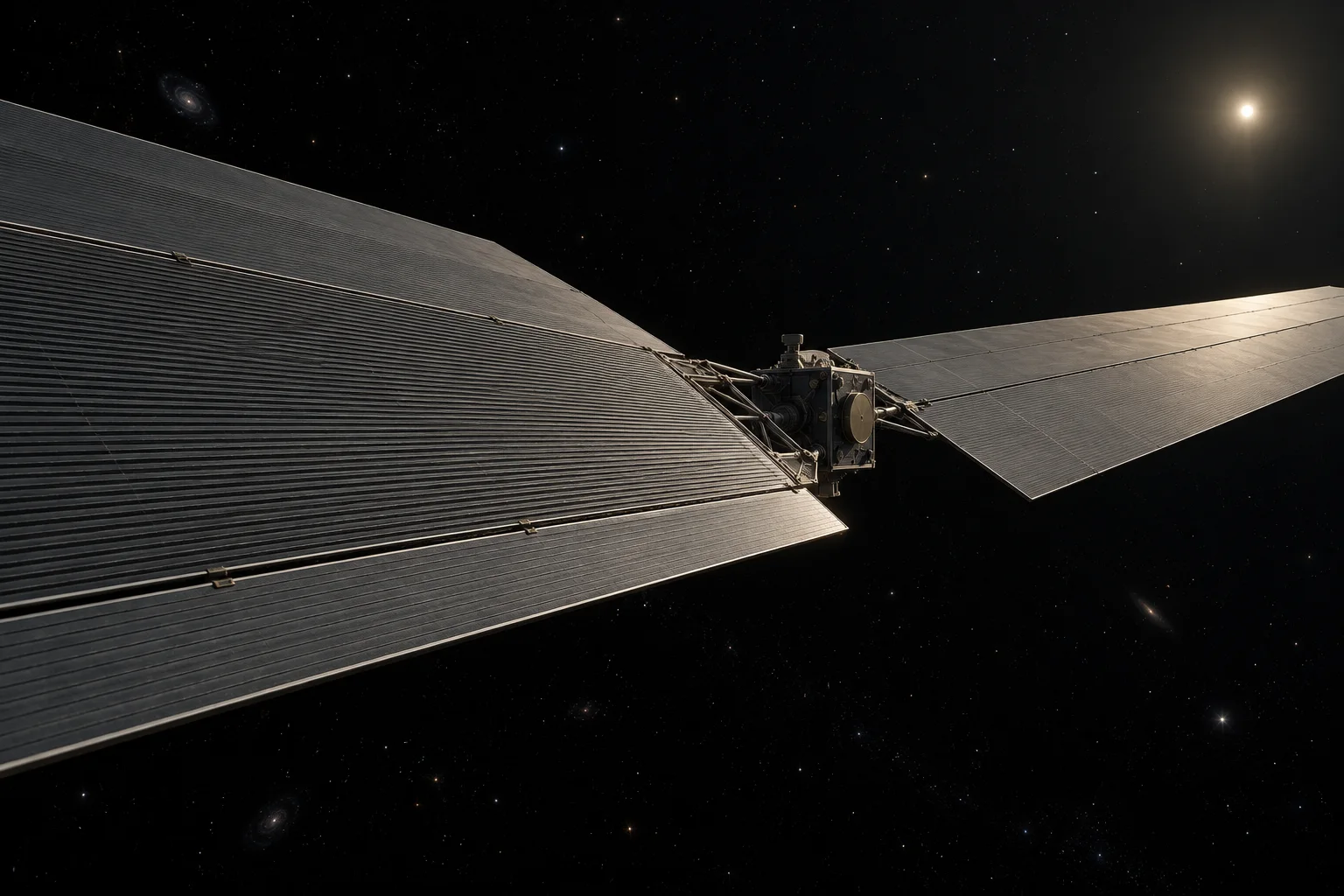 A small computing module in dark space with broad pale radiator wings that dwarf it