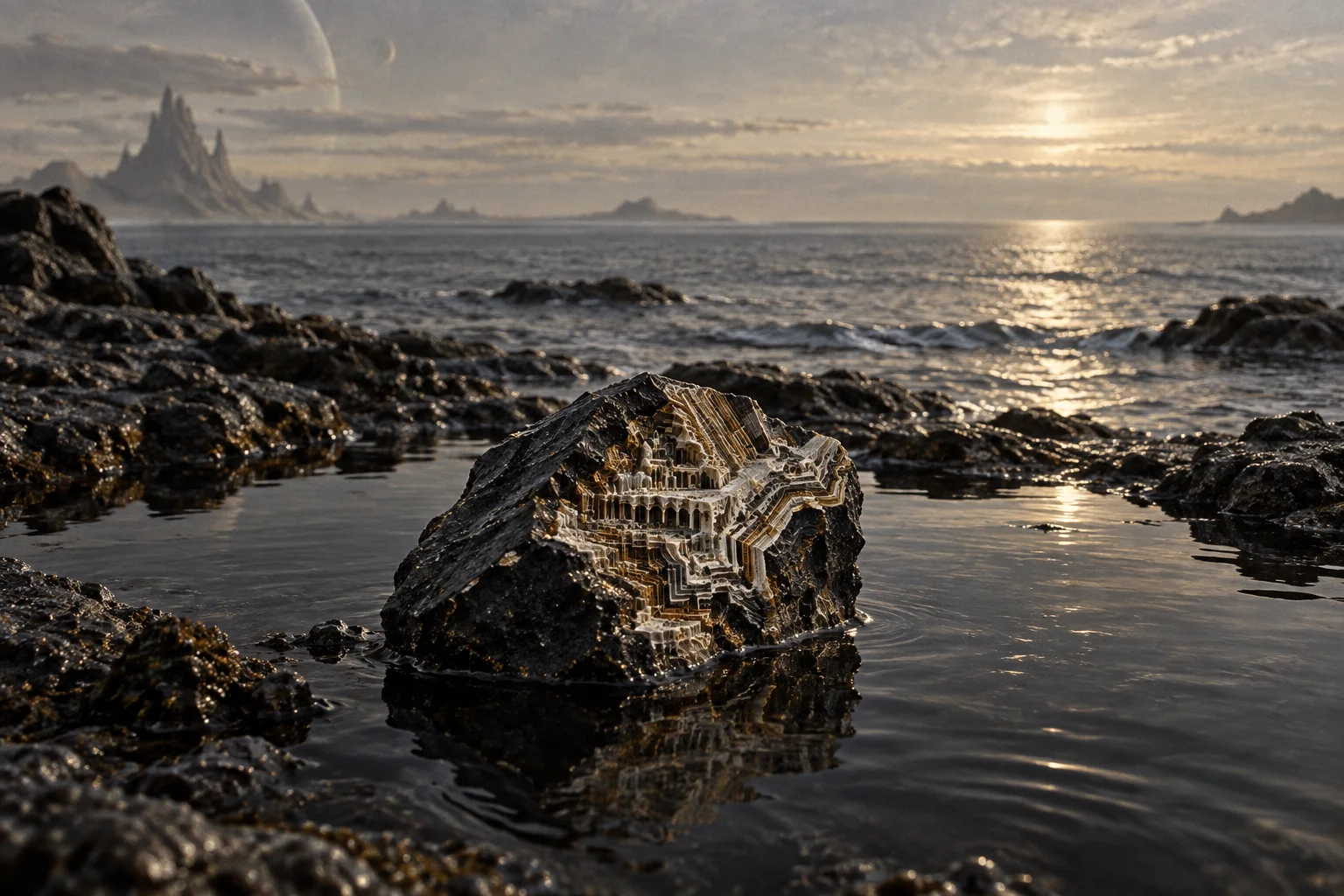 A dark stone on an alien shoreline reveals an intricate miniature world within its fractured face