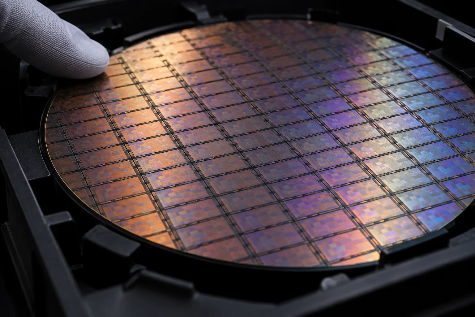 Illustration of a silicon wafer with a repeating grid of dies and a gloved fingertip near its edge