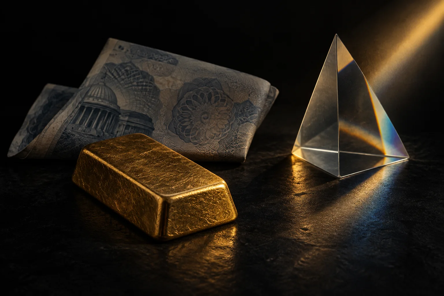 An illustrated gold bar, folded banknote and glass prism on a black surface