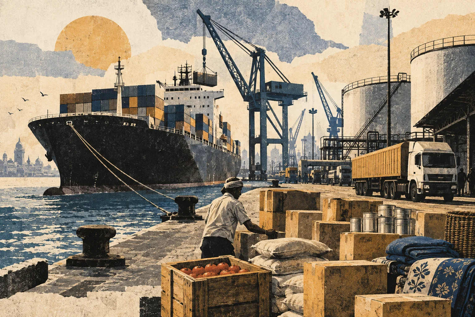 Editorial collage of a cargo ship, oil storage tanks and everyday goods at an imagined Indian port