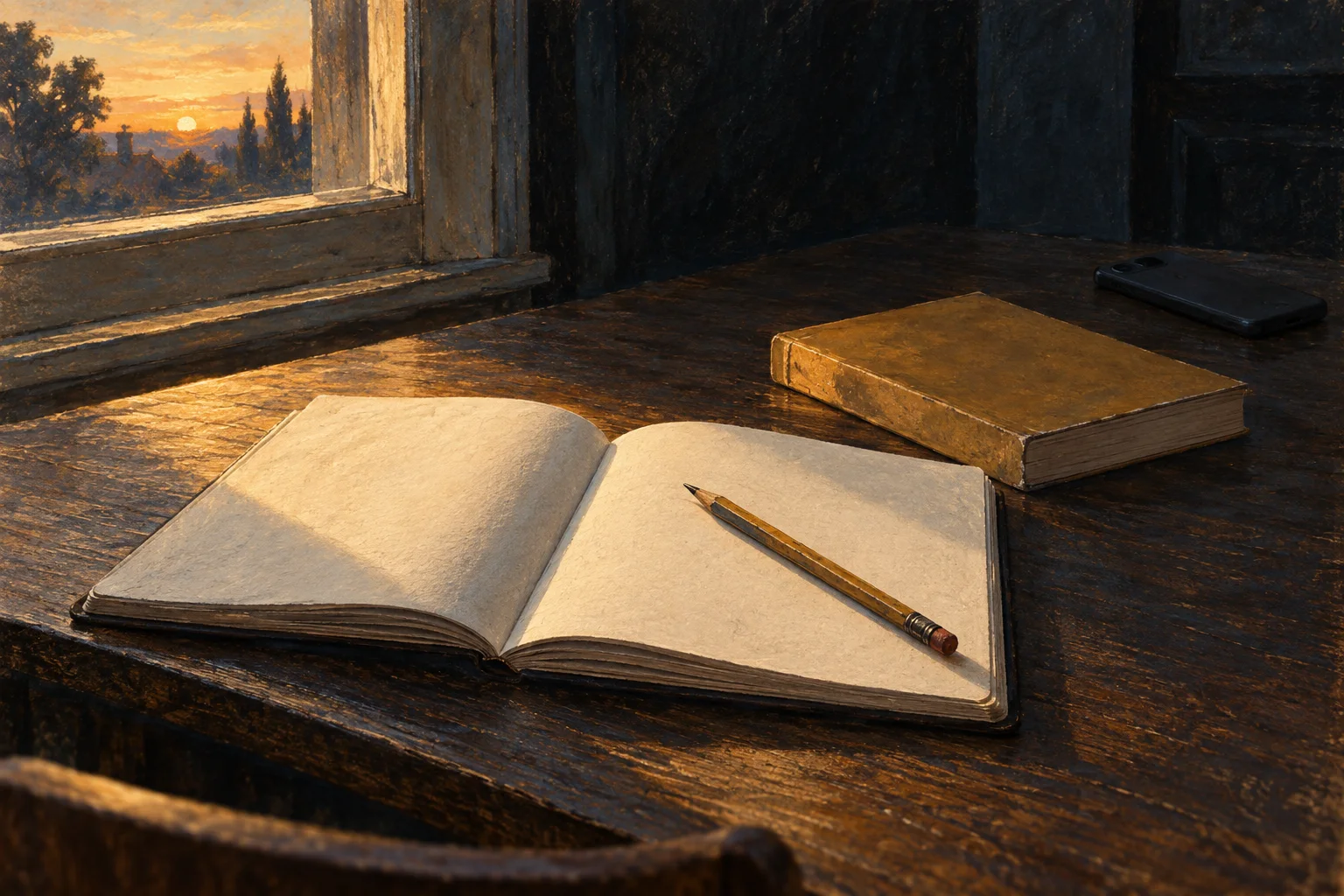 An illustrated notebook and pencil on a sunlit desk, with a phone placed face down at the far edge