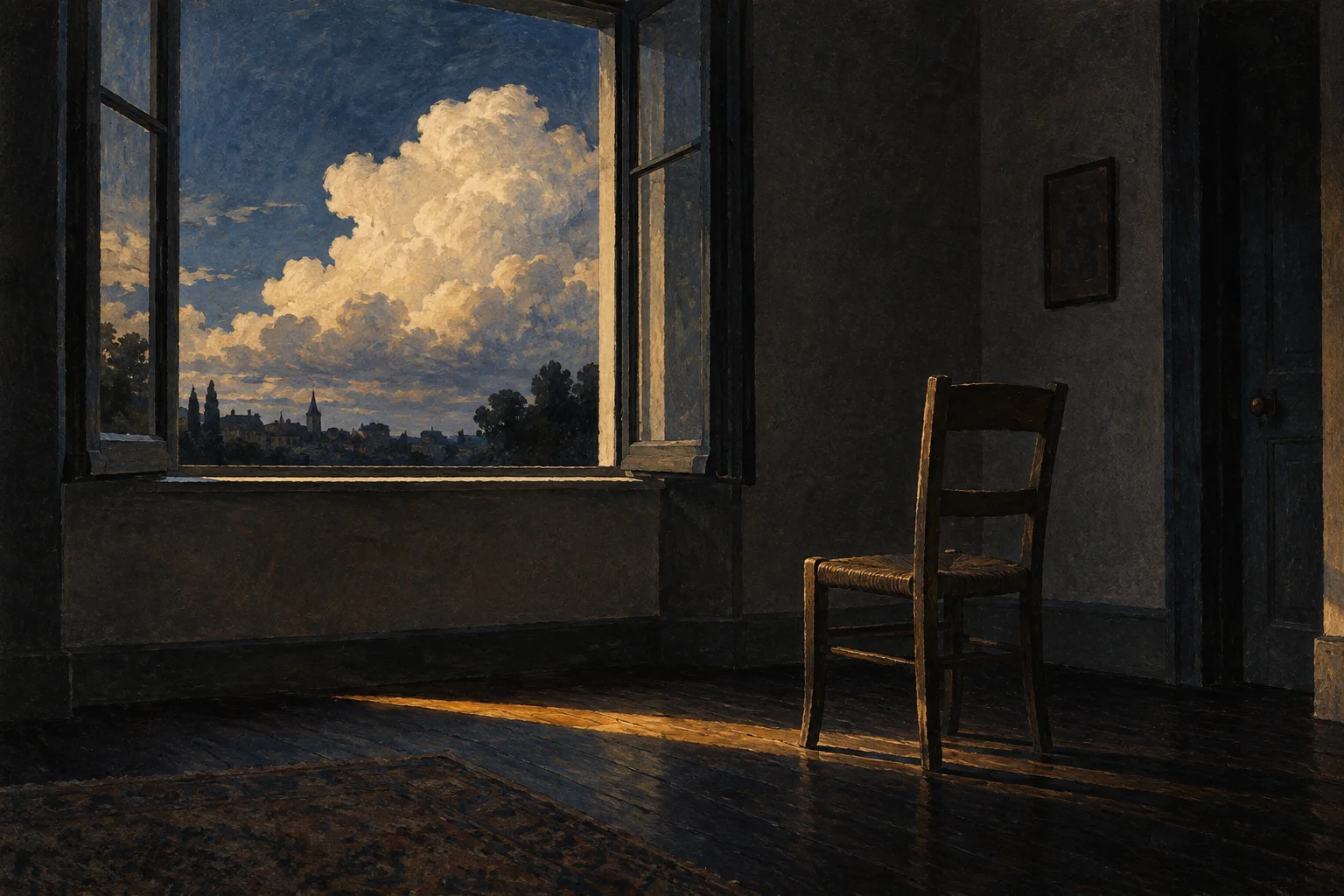 An illustrated empty chair beside an open window and a luminous cloud