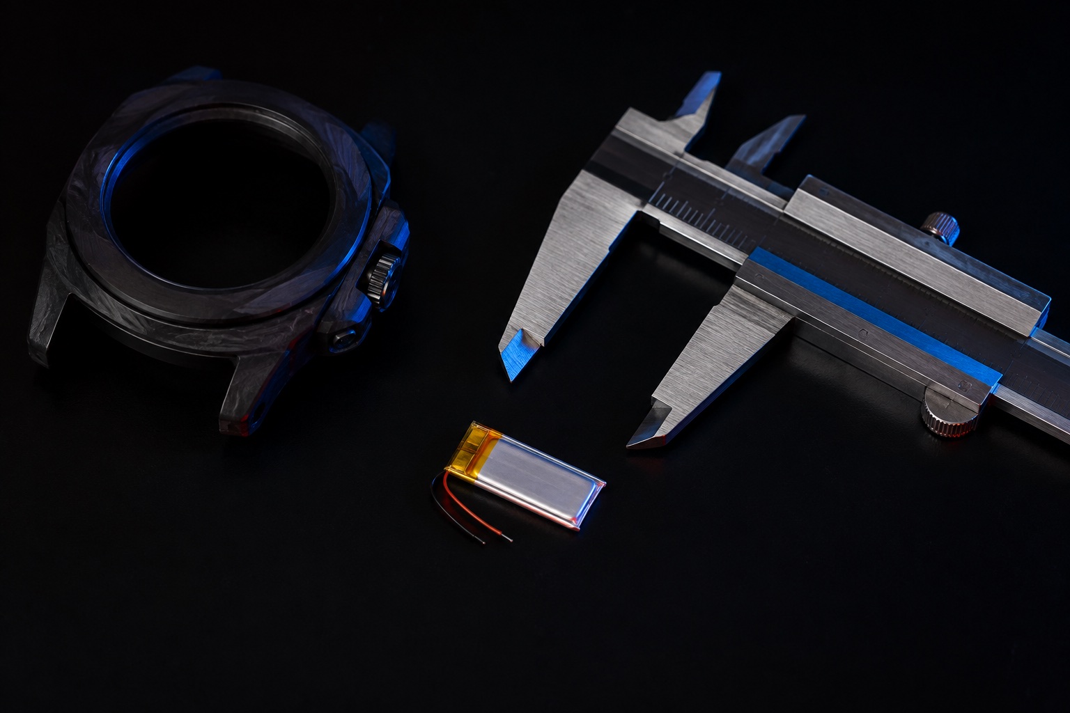 An imagined macro photograph of a small lithium pouch cell beside a caliper and a round wearable housing