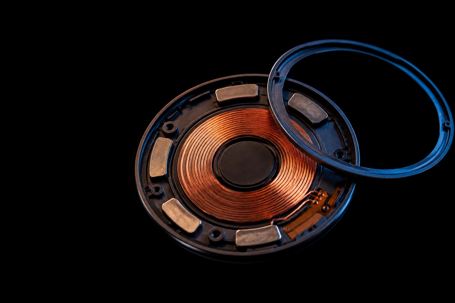 An imagined open round wearable showing a copper wireless charging coil