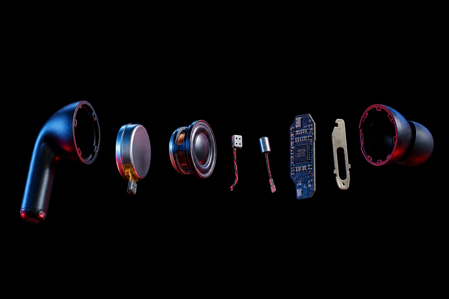 An imagined exploded view of a generic wireless earbud showing shell, battery, driver, microphones and circuit board