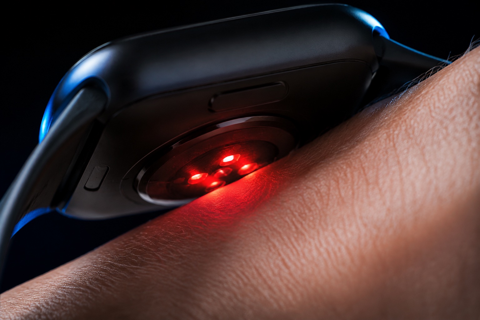 An imagined close view of a watch sensor touching skin with red optical light visible